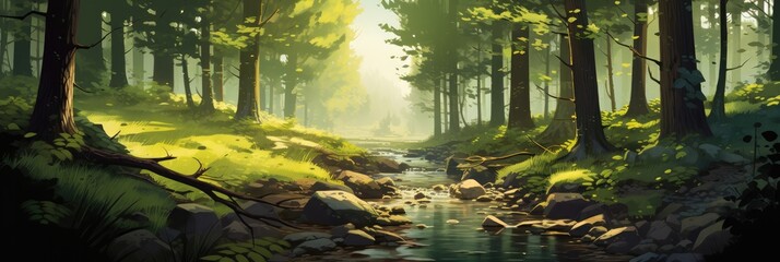 Wall Mural - stream running through a forest, dappled light through the trees, generative AI