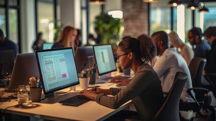 Group of people working on computers in office. Women and men employees in dark uncomfortable work environment. Nine to five job.