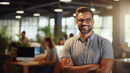 Smiling Professional Software Program developer with glasses standing in Office. Technology genius.