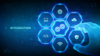 Wall Mural - integration data system. system integration concept. industrial smart technology. wireframe hand pla
