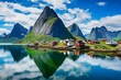 Idyllic mirrorlike reflection of Reine village on fjord waters in Lofoten Islands, Norway. Generative AI