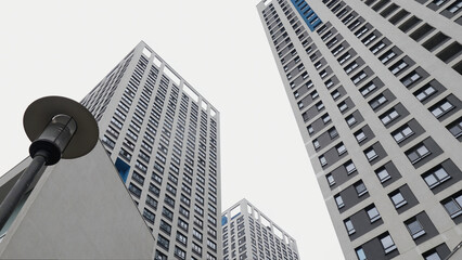 Wall Mural - Bottom view of modern buildings on cloudy day. Stock footage. Modern residential buildings in new area of city. Tall gray houses in residential area