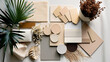 Creative flat lay composition stone, cork, tiles and textiles panel samples with small plants.  Bohemian stylish spa interior designer architect moodboard. 