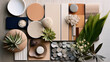 Creative flat lay composition stone tiles and wood panel samples, plants and flowers.  Bohemian stylish interior designer  architect moodboard.  Warm modern earth tone colors with space for text. 