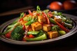 Expertly cooked tofu steals the spotlight in this flavorful stirfry that boasts an assortment of textures and tastes. Served alongside a vibrant stirfried vegetable ensemble, the tofu is