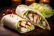 An appetizing shot of a mouthwatering chicken caesar wrap, with tender grilled chicken strips, crisp romaine lettuce, shaved parmesan cheese, and a dollop of creamy caesar dressing, all