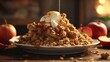 A tantalizing visual of a delightful apple crisp dessert, with a golden oat crumble topping and a bubbling layer of sweetened cinnamoned apples, served warm with a scoop of velvety vanilla