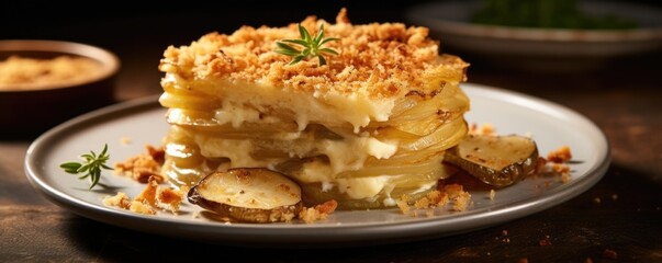 Wall Mural - A visually captivating image displays an exquisite gratin dauphinois dish. Layers of thinly sliced potatoes are delicately arranged, interspersed with creamy Gruyere cheese and topped with