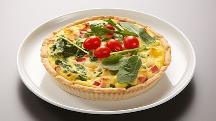 Sticker - A tempting food shot featuring a guiltfree quiche, where vibrant garden vegetables like sweet corn, plump cherry tomatoes, and crisp baby spinach are nestled in a light and airy filling,