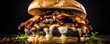 Capturing the burger from a side angle, this shot highlights the layers of goodness, including a thick beef patty, adorned with sizzling bacon, melted provolone cheese, saut ed mushrooms,