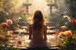 Young woman sits by water in beautiful magical garden in summer