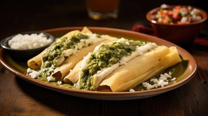 Wall Mural - A mouthwatering platter of traditional tamales de elote, showcasing sweet corn masa dough filled with a creamy and cheesy mixture, steamed until fluffy and topped with a drizzle of tangy