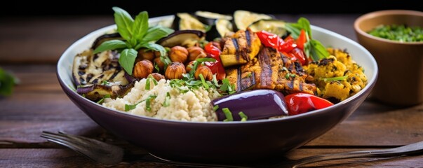 This shot captures a visually striking Mediterraneaninspired Buddha bowl featuring cauliflower rice as the foundation, topped with a rainbow of grilled vegetables, tangy marinated artichoke