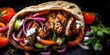 An overhead shot of a perfectly grilled and succulent chicken shawarma sandwich, neatly wrapped in warm flatbread. The image highlights the charred edges of the marinated chicken, complemented