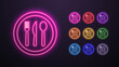 A set of neon icons of a spoon, knife and fork in a round plate in the colors blue, yellow, orange, green, purple, pink, white and red on a dark background. A concept for cafes and food.