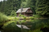 Fototapeta  - Rustic cabin nestled by serene lake surrounded by lush forest. Generative AI