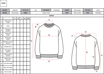 Wall Mural - Techpack Layout Template of Crewneck Sweater