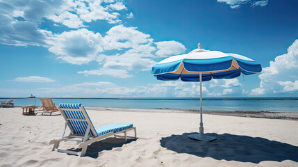 Wall Mural - Pair of sun loungers and a beach umbrella on a deserted beach; perfect vacation concept