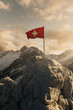 3D rendering of waving Swiss flag on top of the rocks. Concept of celebrating the national holiday of 1 august