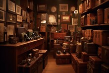 An Enchanting Old-fashioned Shop Adorned With Vintage Cameras, Antique Phones, And Travel Trunks From A Bygone Era. Generative AI