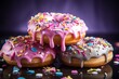 Vibrant, scrumptious, fruity pastel donuts dripping with glaze. Indulgent treat, sugary sweet dessert. Generative AI