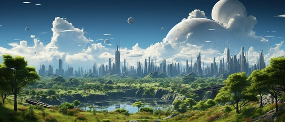 eco futuristic cityscape concept full with greenery, generative ai