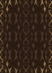 Wall Mural - Hand-drawn unique abstract ornament. Light semi transparent brown on a dark brown background, with vignette of same pattern in golden glitter. Paper texture. Digital artwork, A4. (pattern: p10-3e)