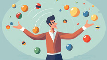 A Character Is Shown Juggling Multiple Balls Labeled With Different Responsibilities And Stresses, Representing Their Struggle With Multitasking And Overwhelm. Psychology Art