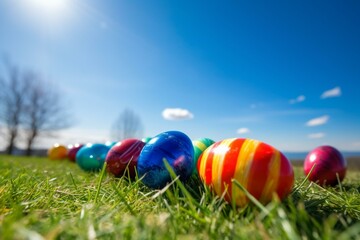 Wall Mural - Colorful Easter eggs on a grassy lawn under a clear blue sky. Generative AI