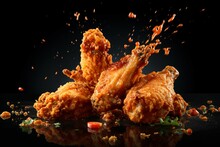 Freeze Motion Of Flying Golden Brown Crispy Fried Chicken On Black Background Levitating Food