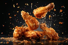 Freeze Motion Of Flying Golden Brown Crispy Fried Chicken On Black Background Levitating Food