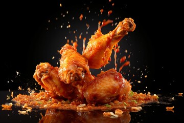 Wall Mural - Freeze motion of flying golden brown crispy fried chicken on black background Levitating food