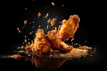 Wall Mural - Freeze motion of flying golden brown crispy fried chicken on black background Levitating food