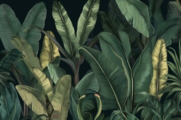  Tropical seamless pattern of vintage hand-painted watercolor banana leaves and palms on a dark premium mural. Generative AI