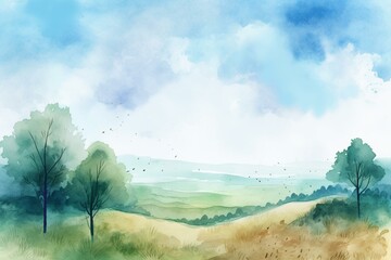 Illustration of a landscape with blue sky painted in watercolor, featuring empty space. Generative AI