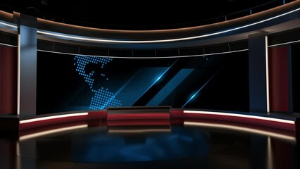 Tv studio. News room. Studio Background. Newsroom bakground. Backdrop for any green screen or chroma key video production. Loop. 3D rendering. 