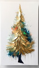 Wall Mural - Luxury Christmas tree oil painting. Gold and green holiday card design