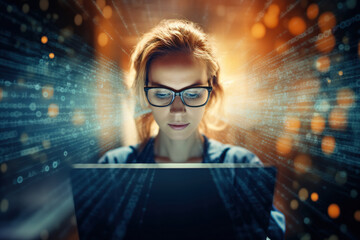 creative portrait of a woman. working with laptop