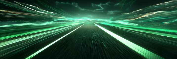 Wall Mural - Green Light Trails with Motion Effect. High Speed Light Effect. Long Exposure