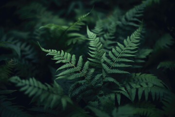  A beautiful fern tree in the dark damp rainforest of New Zealand, or Norway, or Argentina — close up cinematic grainy photography style