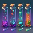isometric glass test tubes vial with colorful water 3d icons sprite sheet game art rimlight 