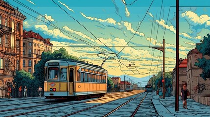 Wall Mural - People riding a tram in a scenic European city. Fantasy concept , Illustration painting.