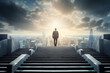 Silhouette of businessman on the top stairs with over cityscape background. Concept of leadership successful achievement with goal, winner, success and growth. Generative AI.