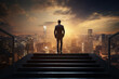 © Surachetsh - Silhouette of businessman on the top stairs with over cityscape background. Concept of leadership successful achievement with goal, winner, success and growth. Generative AI.