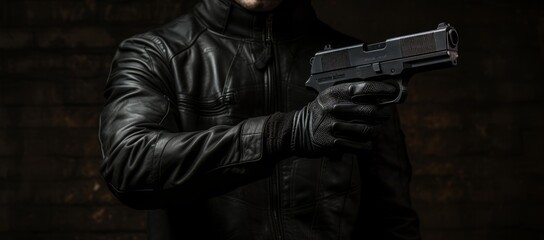  Man holding a gun on a black background