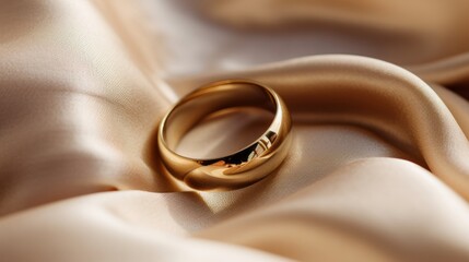 close up wedding ring on beige silk
