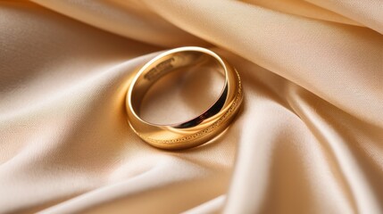 Wall Mural - close up wedding ring on beige silk