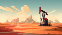 Hand Drawn Cartoon Illustration Of Oil Drilling Platform In Desert
