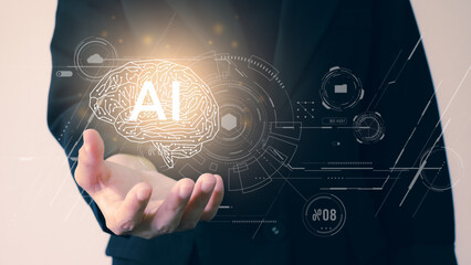 Close up woman open hand holding AI brain.Artificial Intelligence or AI analysis information.Technology and science,machine learning system.Hi-tech and futuristic world.Digital concept background.