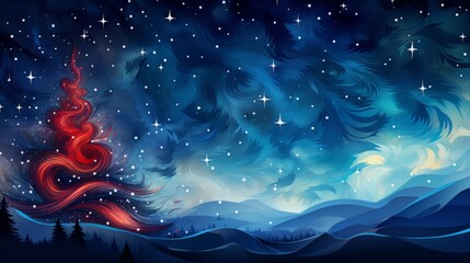Wall Mural - abstract blue red christmas decoration background with snowflakes and christmas tree. particles spri